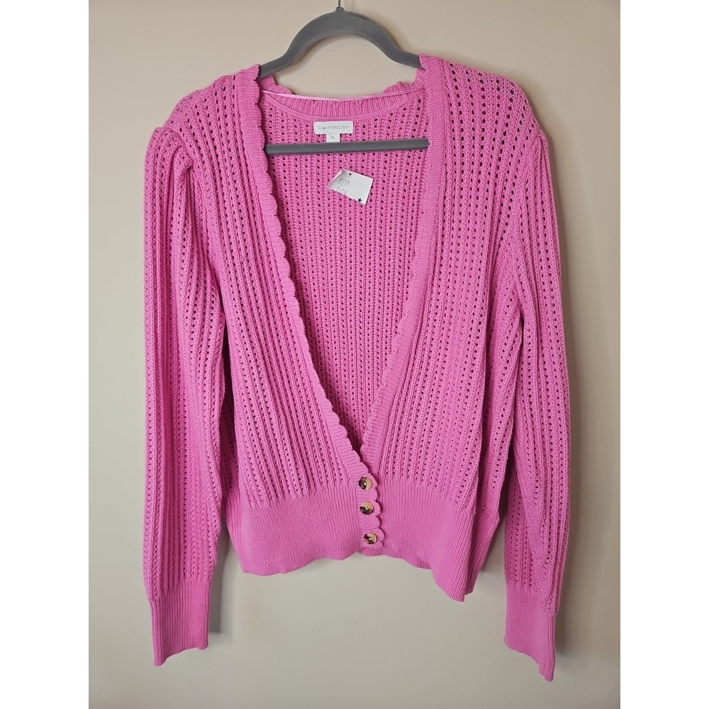 Charter Club Sweater XL Pink Cardigan Loose Knit Chic Couture Puff Sleeve Luxe